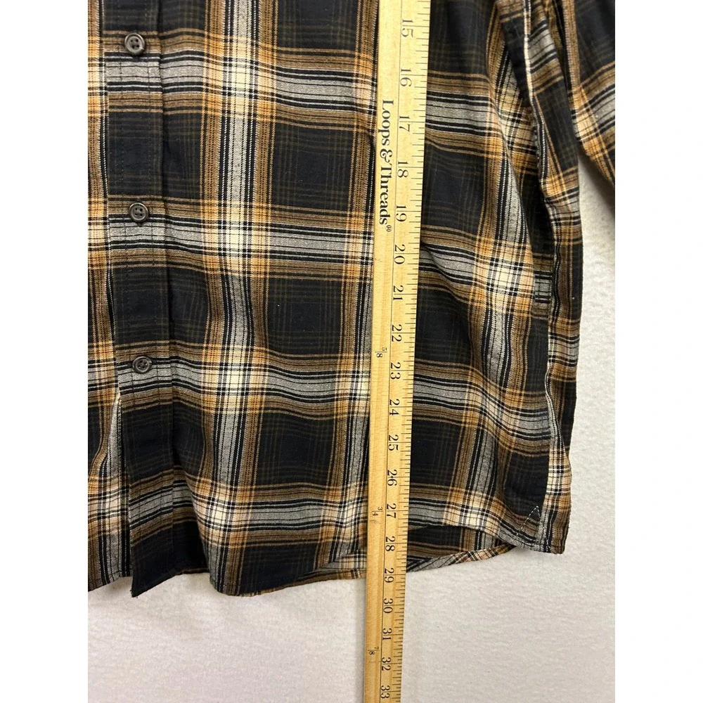 Dark Academia Banana Republic Mens Large Black Brown Plaid Untucked Button Down